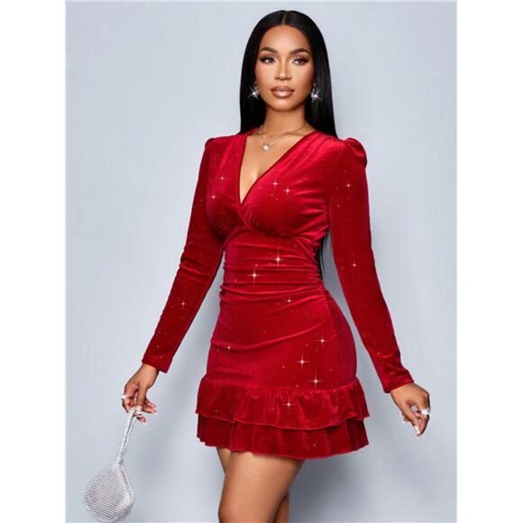 Mature And Sexy Dress For Women, Deep V Design, Ruffled Christmas Style - Picture 6 of 6